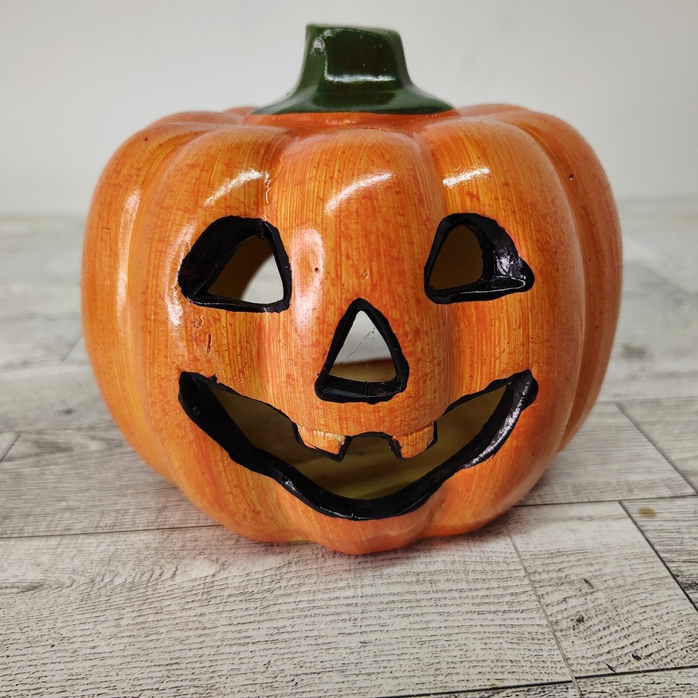 Halloween Votive Candle Holder Pumpkin Jack-O-Lantern Ceramic Adorable Decor